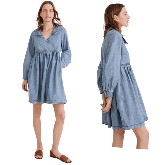 Madewell Ruffle-Collar Faux-Wrap Dress Tencel Denim Edition XXS NWT - Picture 1 of 14